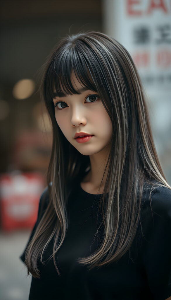 a young cute Korean girl with open, straight soft black hair and white fine strands, bangs cut, same length right and left, silver skinned, falling down to her body, she has round, shiny eyes, full plump lips, seductive, stunning, gorgeous, she is wearing a black plain t-shirt