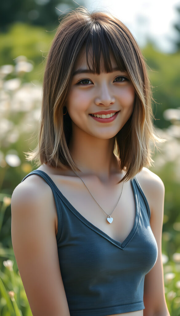 a (((young cute happy well busty Japanese teen girl, brown hair with blond highlights))), smile very happy, (wears a short cropped tank top with deep v-neck), perfect curved body ((perfect portrait)), ((straight smooth hair, bob cut)) ((sunny green backdrop meadow)), silver necklace heart