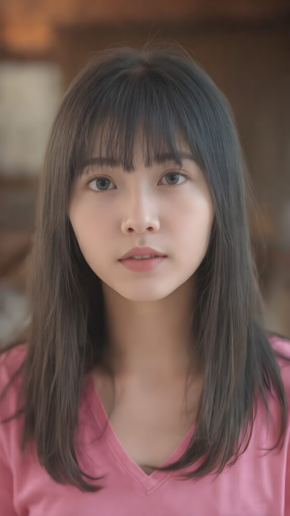 a (((young cute Asian girl with a gentle and round soft face))), (((soft, super very long, straight black hair)), framing her face in bangs cut), detailed face. She's clad in a (((short T-shirt, deep v-neck, in bright pink color)), with (((silver skin))), under a (((warm, soft, natural light))), (((gentle shadows))), and (((extremely detailed, hyper realistic full lips))), ((she stands in front of the viewer and looks up))