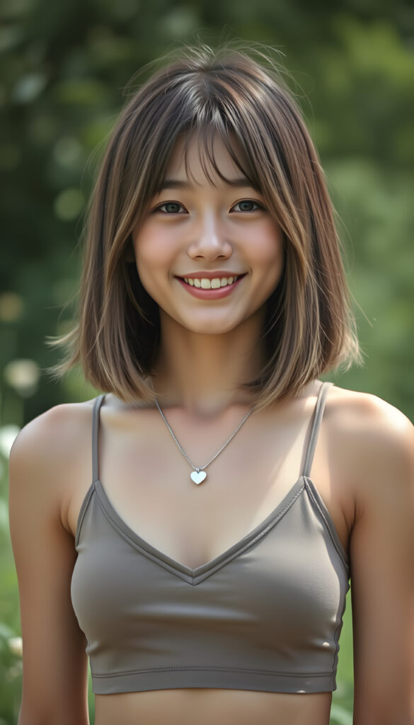 a (((young cute happy well busty Japanese teen girl, brown hair with blond highlights))), smile very happy, (wears a short cropped tank top with deep v-neck), perfect curved body ((perfect portrait)), ((straight smooth hair, bob cut)) ((sunny green backdrop meadow)), silver necklace heart
