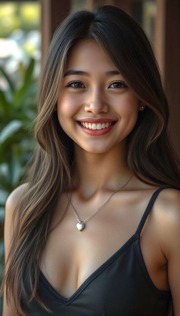 a (((young cute happy well busty seductive Thai teen girl, black long wavy hair with blond highlights))), smile very happy, (wears a short cropped tank top with deep v-neck), perfect curved body ((perfect portrait)), ((straight smooth hair)), silver necklace heart