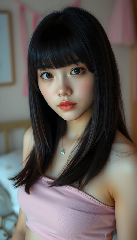 a young cute busty Japanese girl, straight black open hair, bangs, the hair covers their ears and fall down in same length, in a pink short cropped tube top, she stands in her bedroom. pink decoration. cute, stunning and gorgeous. She has a cute belly button.