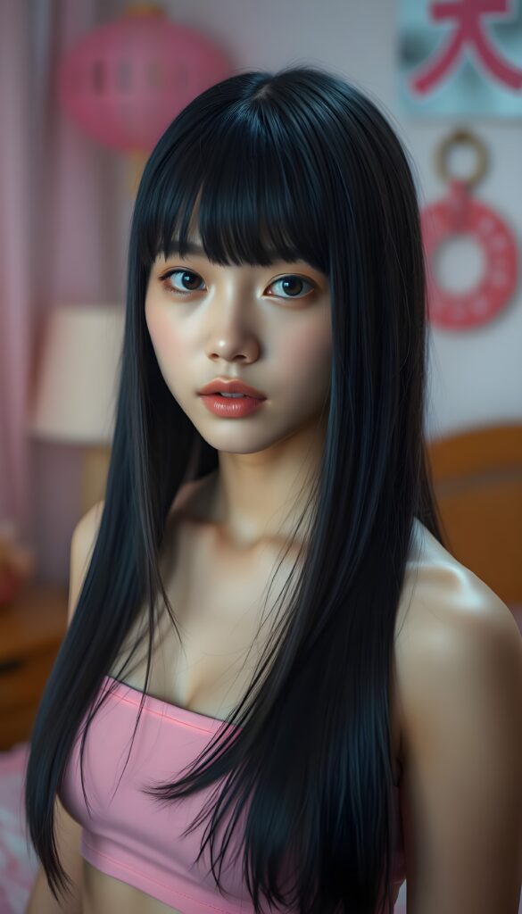 a young cute busty Japanese girl, straight black open hair, bangs, the hair covers their ears and fall down in same length, in a pink short cropped tube top, she stands in her bedroom. pink decoration. cute, stunning and gorgeous. She has a cute belly button.