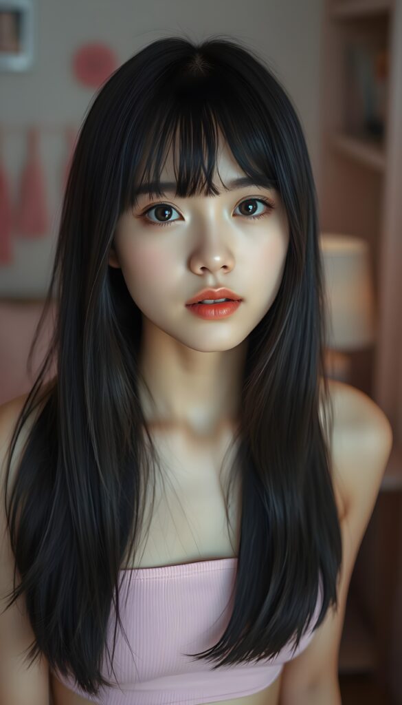a young cute busty Japanese girl, straight black open hair, bangs, the hair covers their ears and fall down in same length, in a pink short cropped tube top, she stands in her bedroom. pink decoration. cute, stunning and gorgeous. She has a cute belly button.
