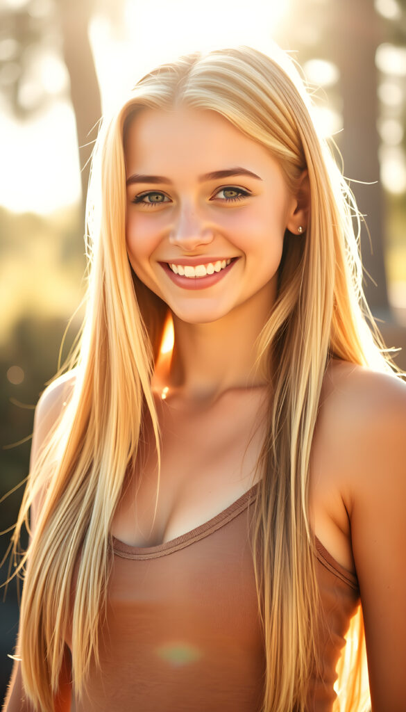 a (((young cute blond happy well busty teen girl))), smile very happy, (wears a tank top with deep v-neck), perfect curved body ((perfect portrait)), ((very long straight smooth hair)) ((sunny backdrop))