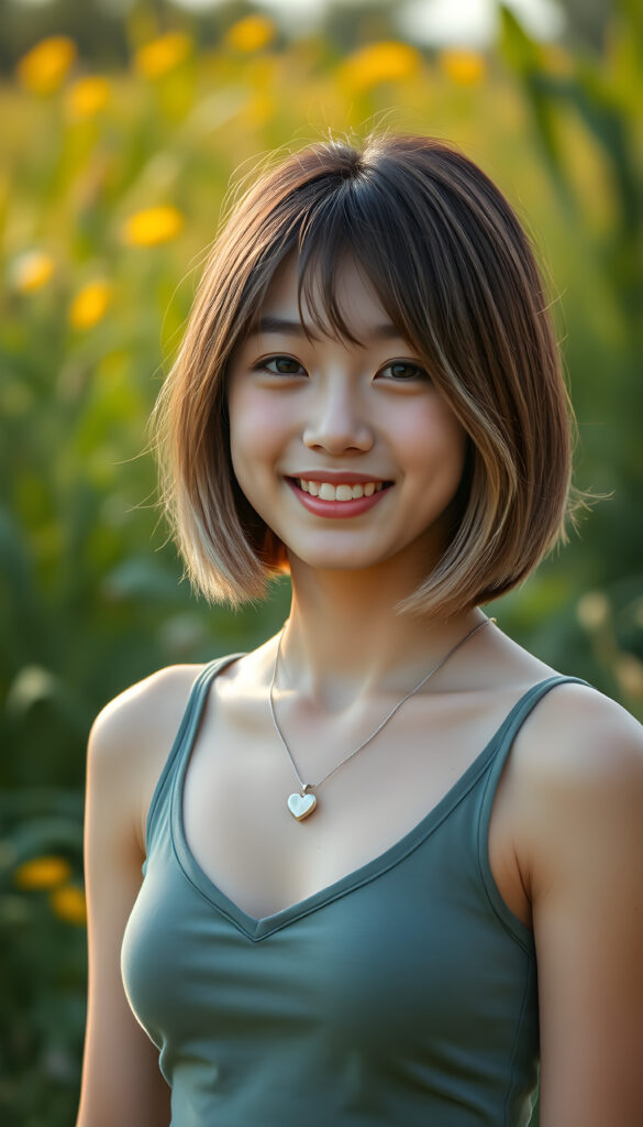 a (((young cute happy well busty Japanese teen girl, brown hair with blond highlights))), smile very happy, (wears a short cropped tank top with deep v-neck), perfect curved body ((perfect portrait)), ((straight smooth hair, bob cut)) ((sunny green backdrop meadow)), silver necklace heart
