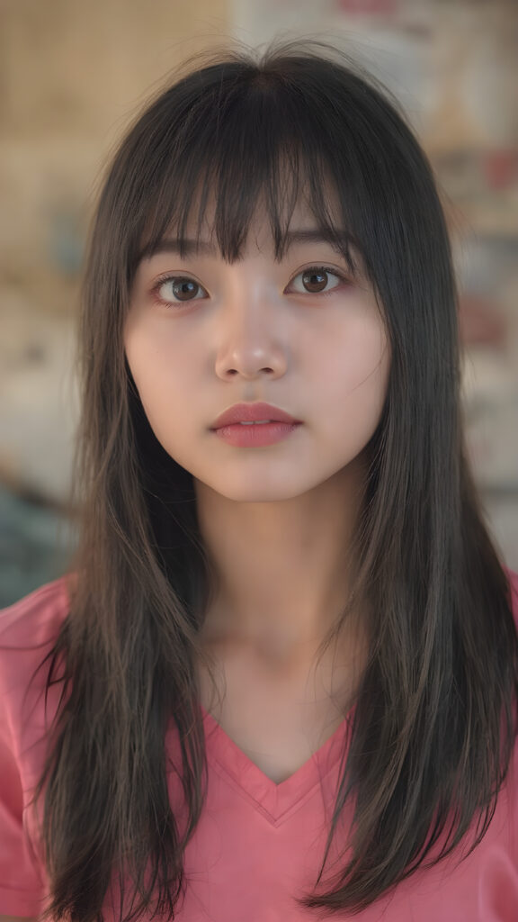 a (((young cute Asian girl with a gentle and round soft face))), (((soft, super very long, straight black hair)), framing her face in bangs cut), detailed face. She's clad in a (((short T-shirt, deep v-neck, in bright pink color)), with (((silver skin))), under a (((warm, soft, natural light))), (((gentle shadows))), and (((extremely detailed, hyper realistic full lips))), ((she stands in front of the viewer and looks up))