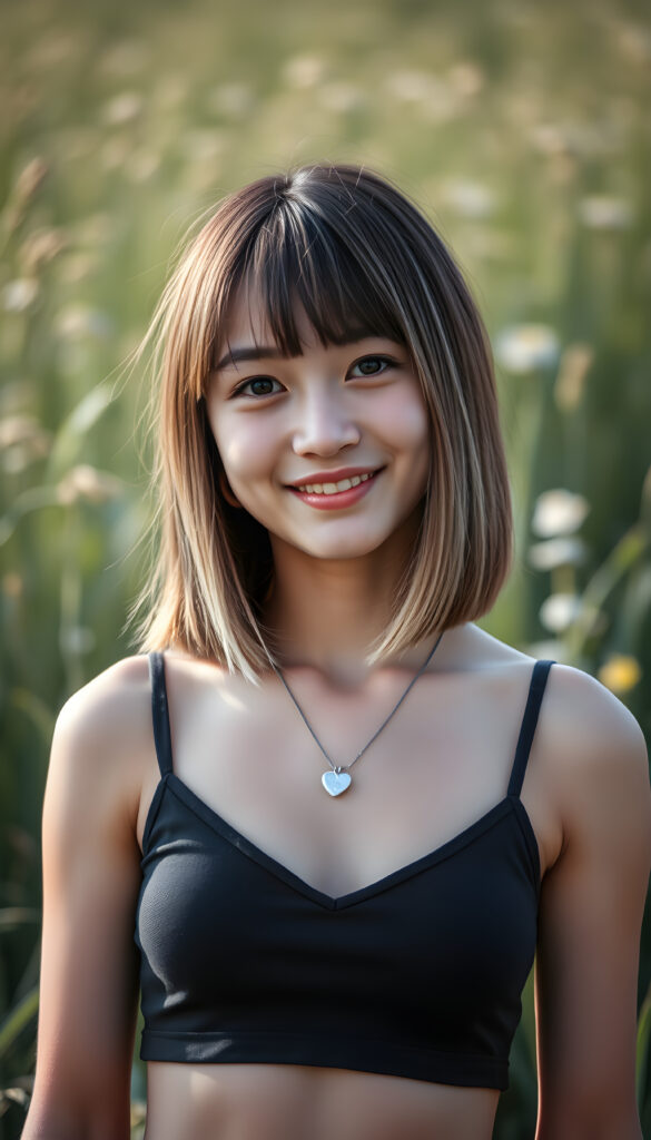 a (((young cute happy well busty Japanese teen girl, brown hair with blond highlights))), smile very happy, (wears a short cropped tank top with deep v-neck), perfect curved body ((perfect portrait)), ((straight smooth hair, bob cut)) ((sunny green backdrop meadow)), silver necklace heart