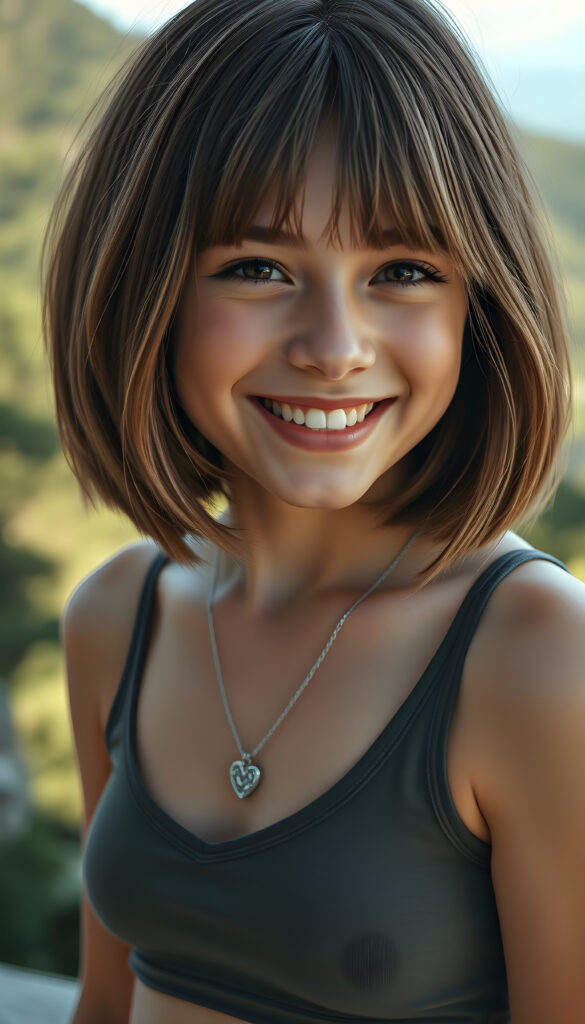 a (((young cute happy teen girl, brown hair with blond highlights))), smile very happy, (wears a short cropped tank top with deep v-neck), perfect curved body ((perfect portrait)), ((straight smooth hair, bob cut)) ((sunny green backdrop top of mountain)), silver necklace heart
