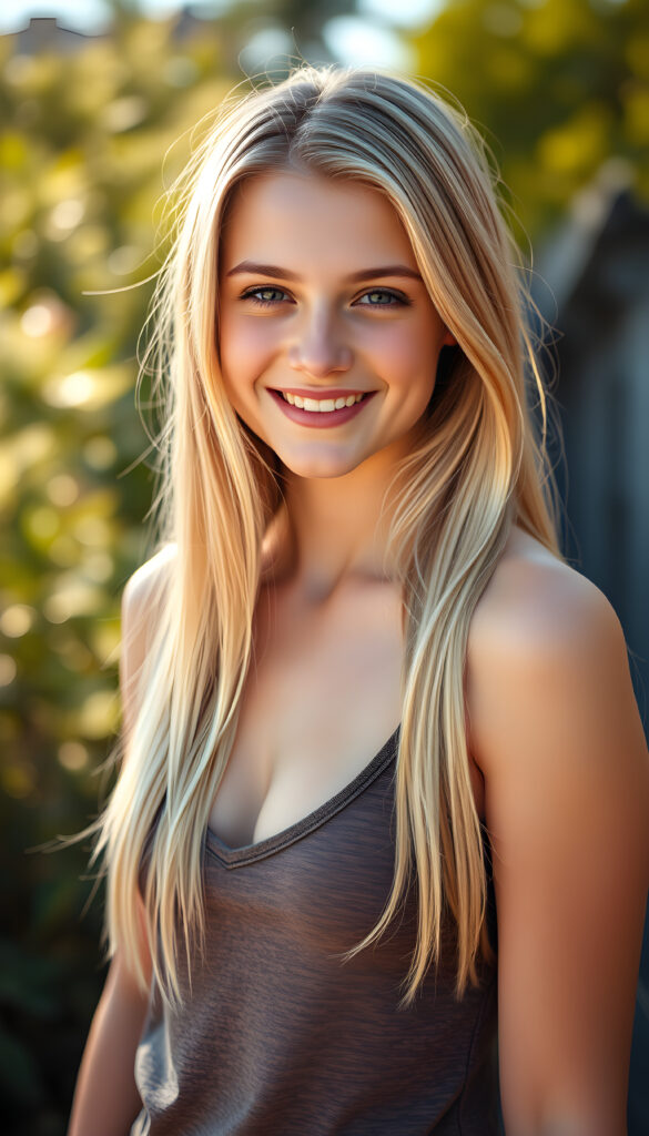 a (((young cute blond happy well busty teen girl))), smile very happy, (wears a tank top with deep v-neck), perfect curved body ((perfect portrait)), ((very long straight smooth hair)) ((sunny backdrop))