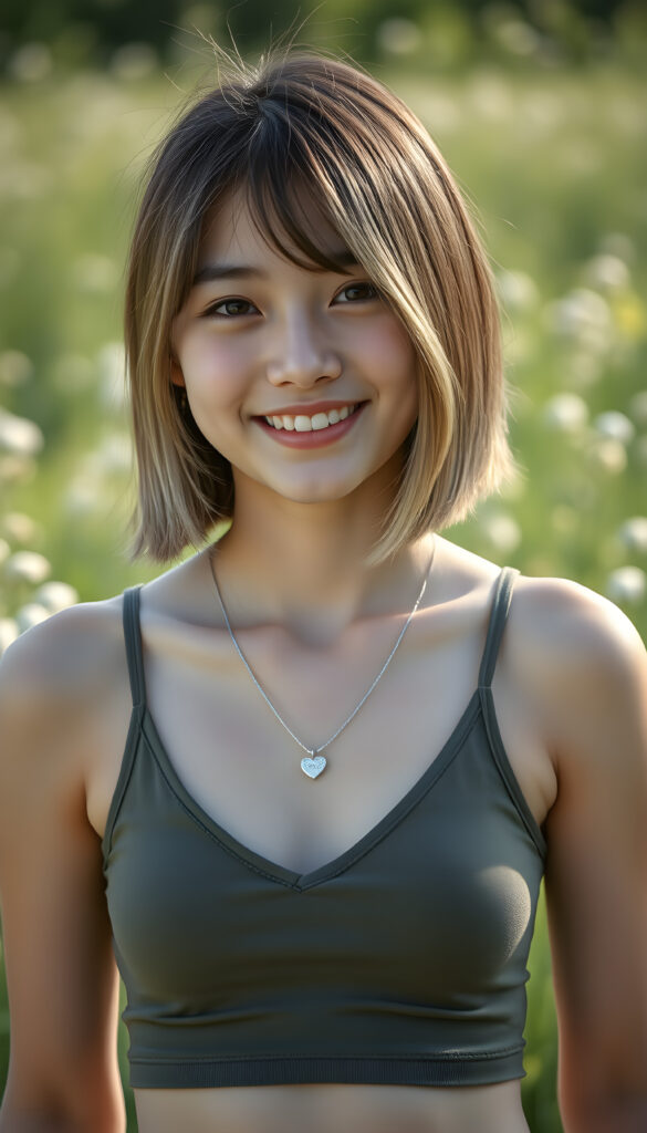 a (((young cute happy well busty Japanese teen girl, brown hair with blond highlights))), smile very happy, (wears a short cropped tank top with deep v-neck), perfect curved body ((perfect portrait)), ((straight smooth hair, bob cut)) ((sunny green backdrop meadow)), silver necklace heart