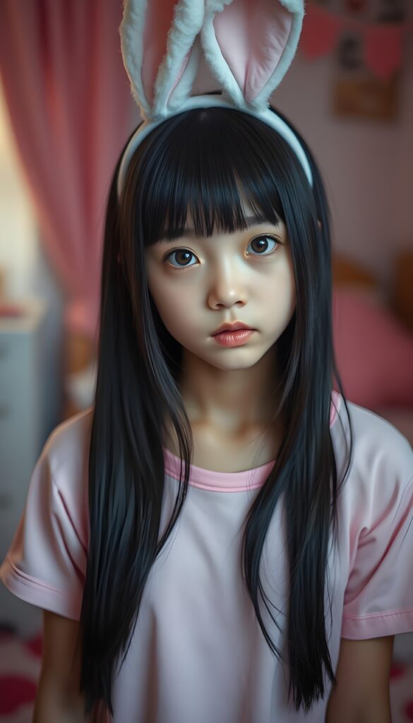 a young cute japanese girl, straight black hair, bangs, in a pink bunny outfit, she stands in her bedroom. pink decoration. She wears bunny ears.