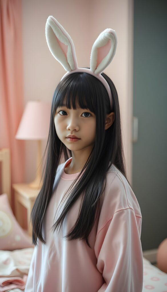 a young cute japanese girl, straight black hair, bangs, in a pink bunny outfit, she stands in her bedroom. pink decoration. She wears bunny ears.