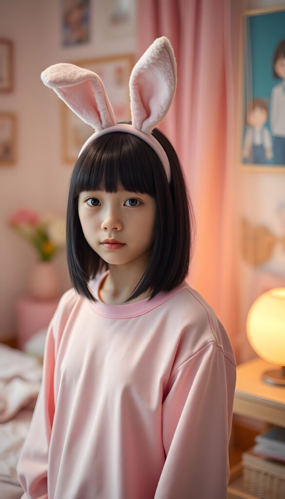 a young cute japanese girl, straight black hair, bangs, in a pink bunny outfit, she stands in her bedroom. pink decoration. She wears bunny ears.