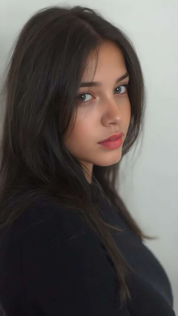 a young cute teen girl with long, straight and shiny jet black hair, ((full plump red lips)), wears a ((black sweater made of wool)), looks seductively at the viewer, she has a perfect fit curved body, side view