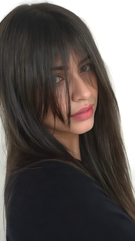 a young cute teen girl with long, straight and shiny jet black hair, ((full plump red lips)), wears a ((black sweater made of wool)), looks seductively at the viewer, she has a perfect fit curved body, side view