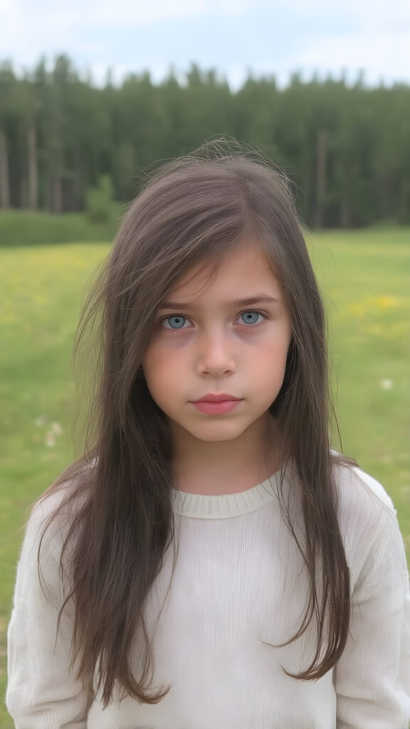 a young cute teenage girl with long, straight and smooth soft and detailed black hair, a soft and round face, deep blue, large and round eyes, she looks shy and astonished into the camera. She is wearing a thin white fine sweater and is standing at the edge of a green forest with a beautiful meadow. The photo is perfectly exposed and focuses on the young girl in the center.