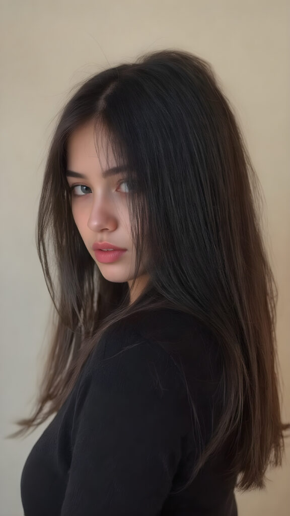 a young cute teen girl with long, straight and shiny jet black hair, ((full plump red lips)), wears a ((black sweater made of wool)), looks seductively at the viewer, she has a perfect fit curved body, side view