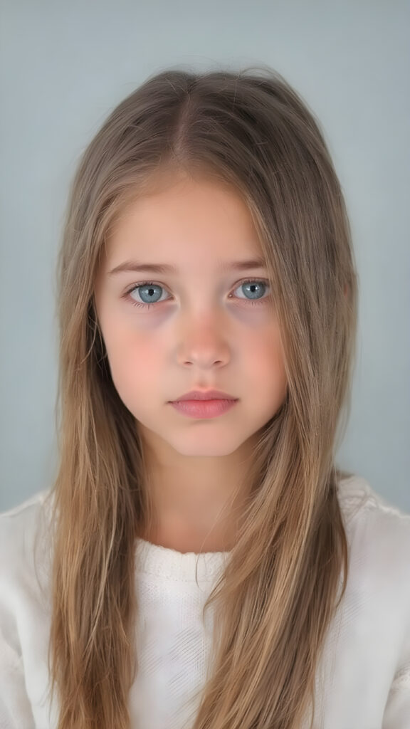 a young cute teenage girl with very long, straight and smooth soft and detailed brown hair, a soft and round face, deep blue, round eyes, she looks confused into the camera. She is wearing a thin white fine sweater, the photo is perfectly exposed and focuses on the young girl in the center, plain grey backdrop