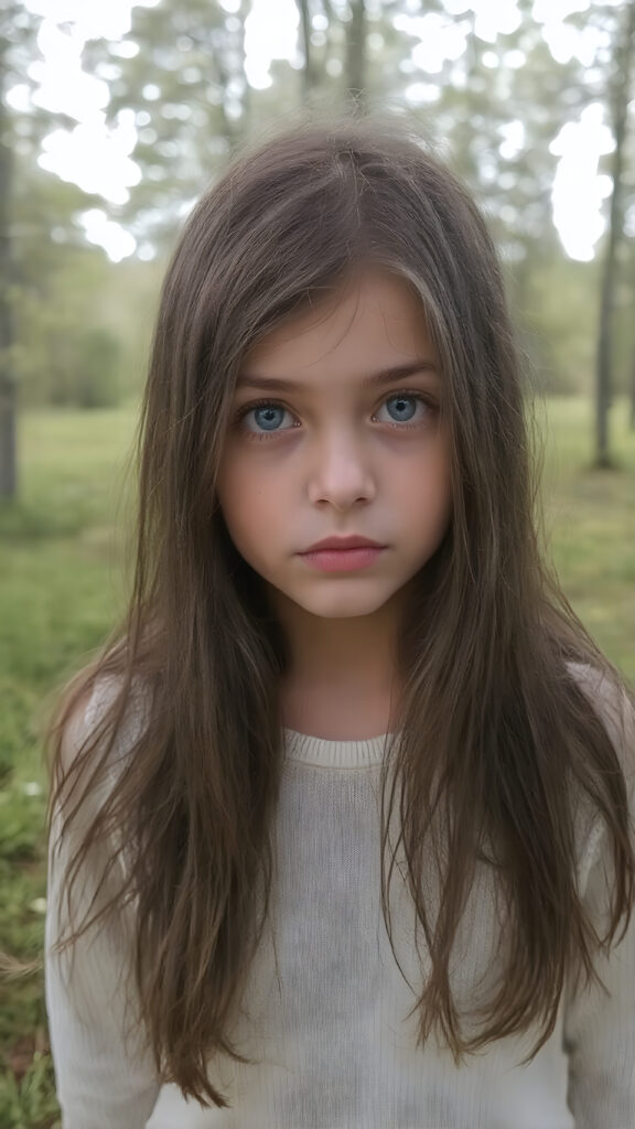 a young cute teenage girl with long, straight and smooth soft and detailed black hair, a soft and round face, deep blue, large and round eyes, she looks shy and astonished into the camera. She is wearing a thin white fine sweater and is standing at the edge of a green forest with a beautiful meadow. The photo is perfectly exposed and focuses on the young girl in the center.