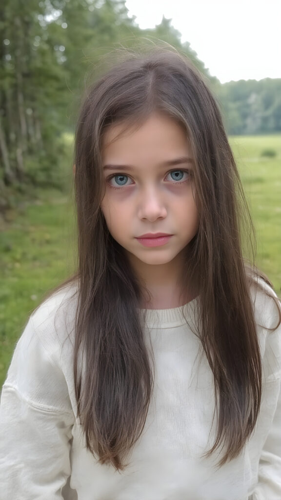 a young cute teenage girl with long, straight and smooth soft and detailed black hair, a soft and round face, deep blue, large and round eyes, she looks shy and astonished into the camera. She is wearing a thin white fine sweater and is standing at the edge of a green forest with a beautiful meadow. The photo is perfectly exposed and focuses on the young girl in the center.