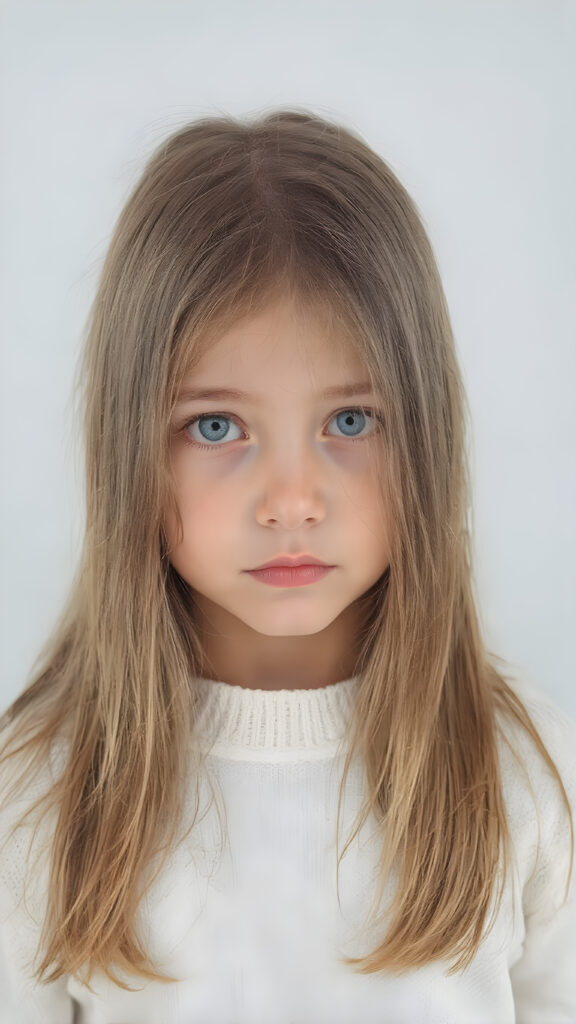 a young cute teenage girl with very long, straight and smooth soft and detailed brown hair, a soft and round face, deep blue, round eyes, she looks confused into the camera. She is wearing a thin white fine sweater, the photo is perfectly exposed and focuses on the young girl in the center, plain grey backdrop