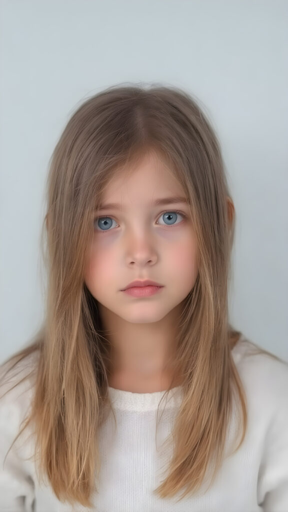 a young cute teenage girl with very long, straight and smooth soft and detailed brown hair, a soft and round face, deep blue, round eyes, she looks confused into the camera. She is wearing a thin white fine sweater, the photo is perfectly exposed and focuses on the young girl in the center, plain grey backdrop