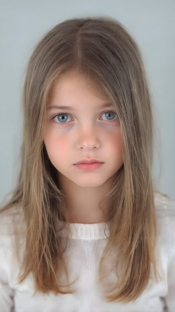 a young cute teenage girl with very long, straight and smooth soft and detailed brown hair, a soft and round face, deep blue, round eyes, she looks confused into the camera. She is wearing a thin white fine sweater, the photo is perfectly exposed and focuses on the young girl in the center, plain grey backdrop