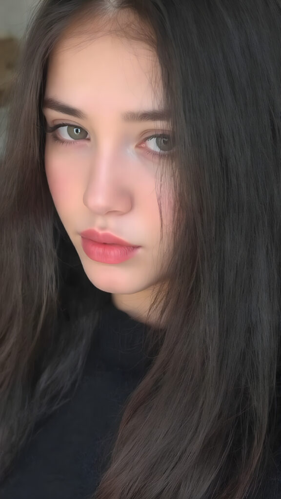 a young cute teen girl with long, straight and shiny jet black hair, ((full plump red lips)), wears a ((black sweater made of wool)), looks seductively at the viewer, she has a perfect fit curved body, side view