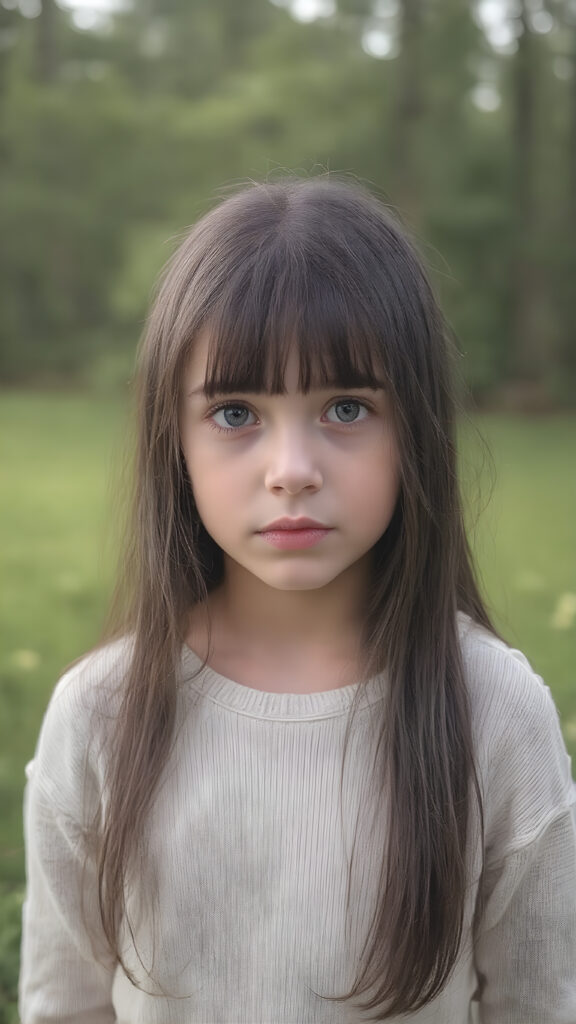 a young cute teenage girl with long, straight and smooth soft and detailed black hair, a soft and round face, deep blue, large and round eyes, she looks shy and astonished into the camera. She is wearing a thin white fine sweater and is standing at the edge of a green forest with a beautiful meadow. The photo is perfectly exposed and focuses on the young girl in the center.