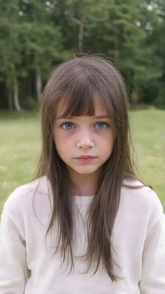 a young cute teenage girl with long, straight and smooth soft and detailed black hair, a soft and round face, deep blue, large and round eyes, she looks shy and astonished into the camera. She is wearing a thin white fine sweater and is standing at the edge of a green forest with a beautiful meadow. The photo is perfectly exposed and focuses on the young girl in the center.