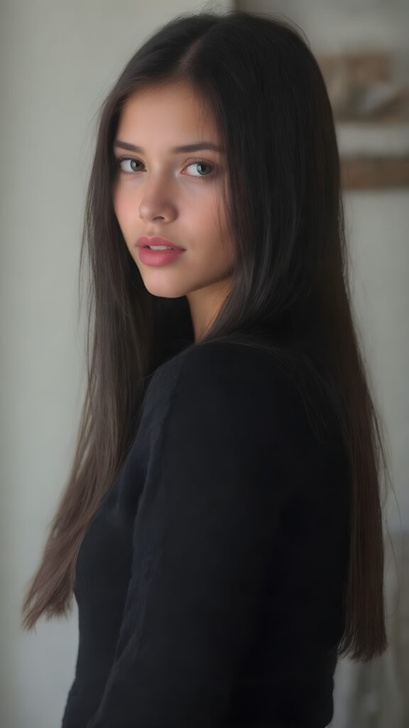 a young cute teen girl with long, straight and shiny jet black hair, ((full plump red lips)), wears a ((black sweater made of wool)), looks seductively at the viewer, she has a perfect fit curved body, side view
