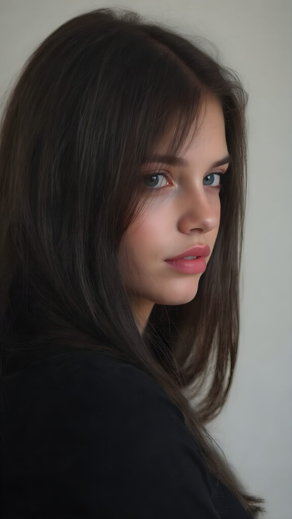 a young cute teen girl with long, straight and shiny jet black hair, ((full plump red lips)), wears a ((black sweater made of wool)), looks seductively at the viewer, she has a perfect fit curved body, side view