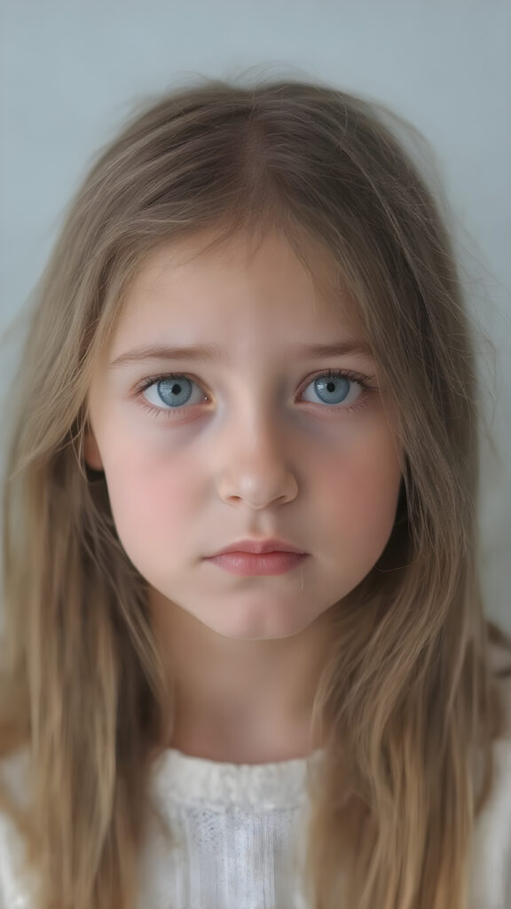 a young cute teenage girl with very long, straight and smooth soft and detailed brown hair, a soft and round face, deep blue, round eyes, she looks confused into the camera. She is wearing a thin white fine sweater, the photo is perfectly exposed and focuses on the young girl in the center, plain grey backdrop