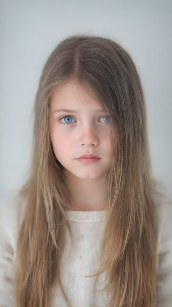 a young cute teenage girl with very long, straight and smooth soft and detailed brown hair, a soft and round face, deep blue, round eyes, she looks confused into the camera. She is wearing a thin white fine sweater, the photo is perfectly exposed and focuses on the young girl in the center, plain grey backdrop