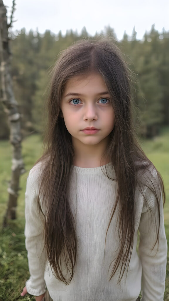 a young cute teenage girl with long, straight and smooth soft and detailed black hair, a soft and round face, deep blue, large and round eyes, she looks shy and astonished into the camera. She is wearing a thin white fine sweater and is standing at the edge of a green forest with a beautiful meadow. The photo is perfectly exposed and focuses on the young girl in the center.