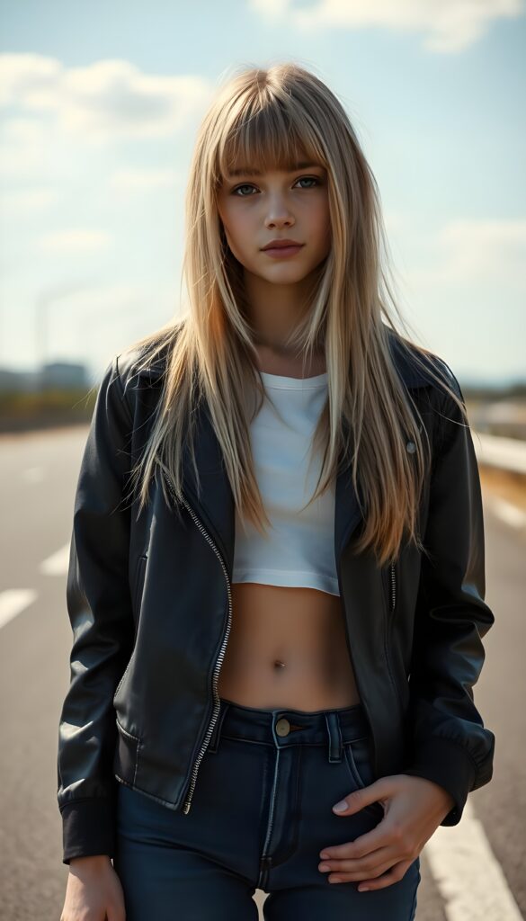 a young cute teenage girl with long two-toned blond straight long hair falls down to her hip, with bangs, ((black open biker jacket, underwear a white cropped t-shirt)), photo realistic, sunny day on a highway in the backdrop, ((beautiful colors)), deep blue denim jeans pants.