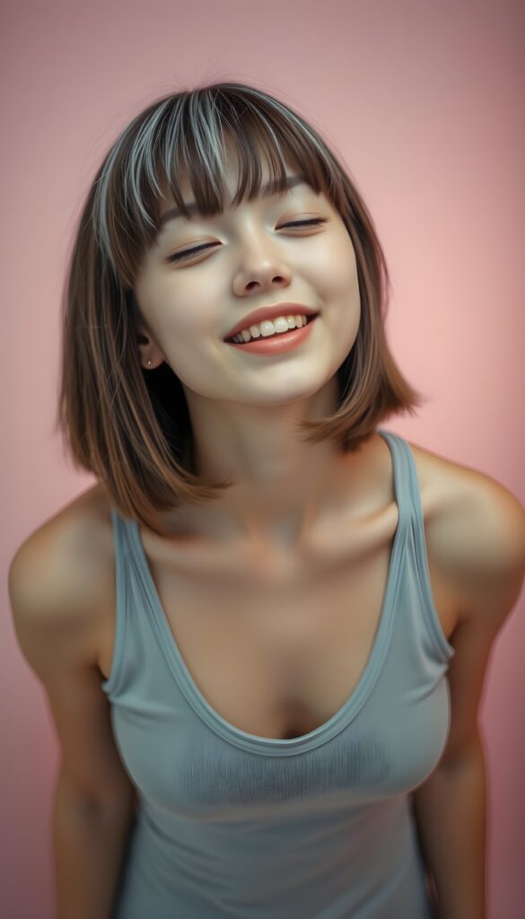 a young cute well busty girl, shoulder long bob cut, straight open brown soft hair with white highlights, bangs, her hair has the same length right and left, (she wears only a plain light grey thin tank top deep v-neck, open front, detailed, all against a light pink backdrop, looks up to the viewer, wide open mouth and white teeth. View from above. Closed eyes. The girl is centered in the picture.