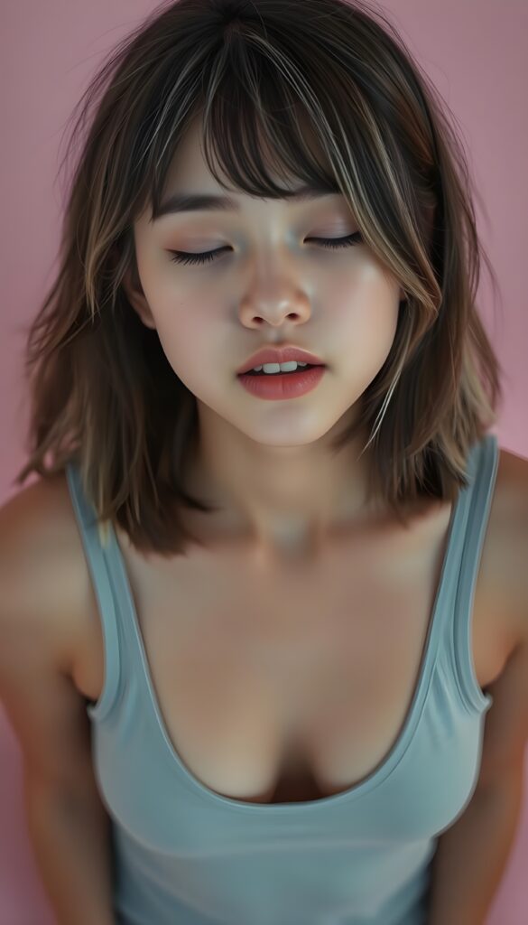a young cute well busty girl, shoulder long bob cut, straight open brown soft hair with white highlights, bangs, her hair has the same length right and left, (she wears only a plain light grey thin tank top deep v-neck, open front, detailed, all against a light pink backdrop, looks up to the viewer, wide open mouth and white teeth. View from above. Closed eyes. The girl is centered in the picture.