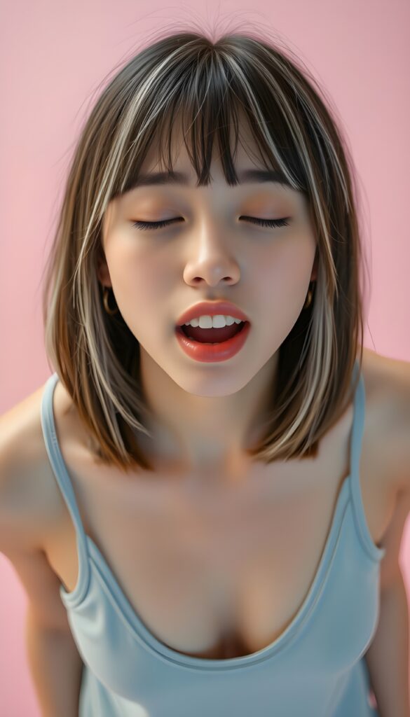 a young cute well busty girl, shoulder long bob cut, straight open brown soft hair with white highlights, bangs, her hair has the same length right and left, (she wears only a plain light grey thin tank top deep v-neck, open front, detailed, all against a light pink backdrop, looks up to the viewer, wide open mouth and white teeth. View from above. Closed eyes. The girl is centered in the picture.