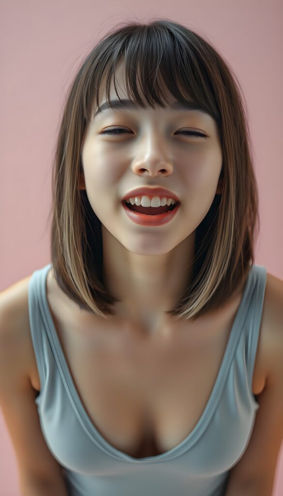 a young cute well busty girl, shoulder long bob cut, straight open brown soft hair with white highlights, bangs, her hair has the same length right and left, (she wears only a plain light grey thin tank top deep v-neck, open front, detailed, all against a light pink backdrop, looks up to the viewer, wide open mouth and white teeth. View from above. Closed eyes. The girl is centered in the picture.