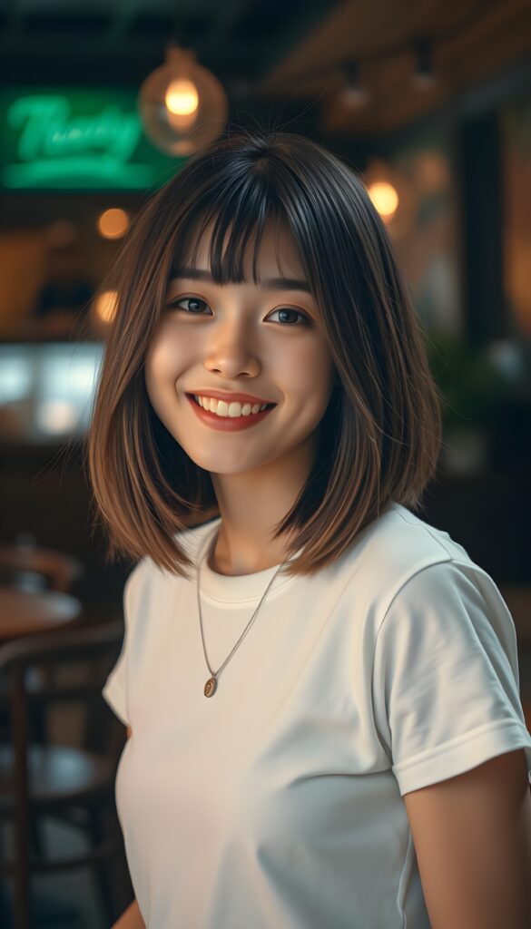 a young cute woman, smile, nice, straight hair in a blow out bob cut, full lips, attractive, white t-shirt, upper body, cafe house atmosphere.