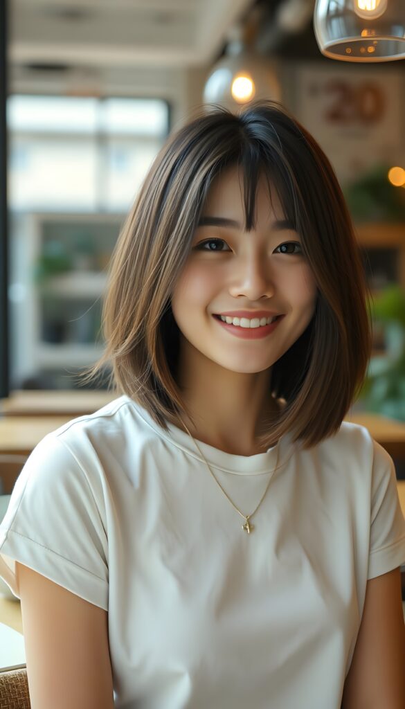 a young cute woman, smile, nice, straight hair in a blow out bob cut, full lips, attractive, white t-shirt, upper body, cafe house atmosphere.