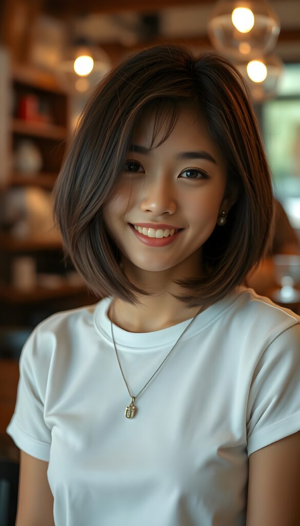 a young cute woman, smile, nice, straight hair in a blow out bob cut, full lips, attractive, white t-shirt, upper body, cafe house atmosphere.