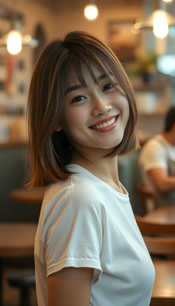 a young cute woman, smile, nice, straight hair in a blow out bob cut, full lips, attractive, white t-shirt, upper body, cafe house atmosphere.