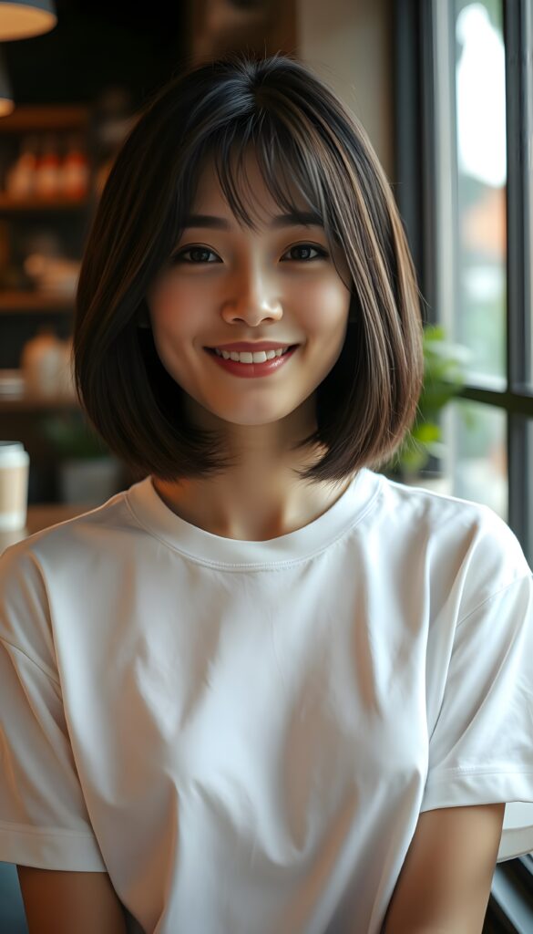 a young cute woman, smile, nice, straight hair in a blow out bob cut, full lips, attractive, white t-shirt, upper body, cafe house atmosphere.