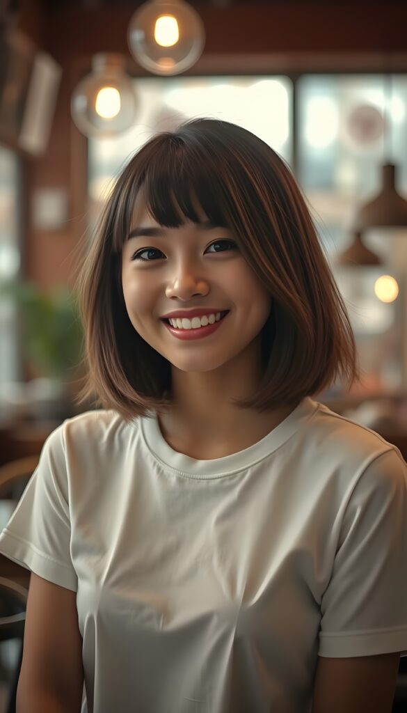 a young cute woman, smile, nice, straight hair in a blow out bob cut, full lips, attractive, white t-shirt, upper body, cafe house atmosphere.