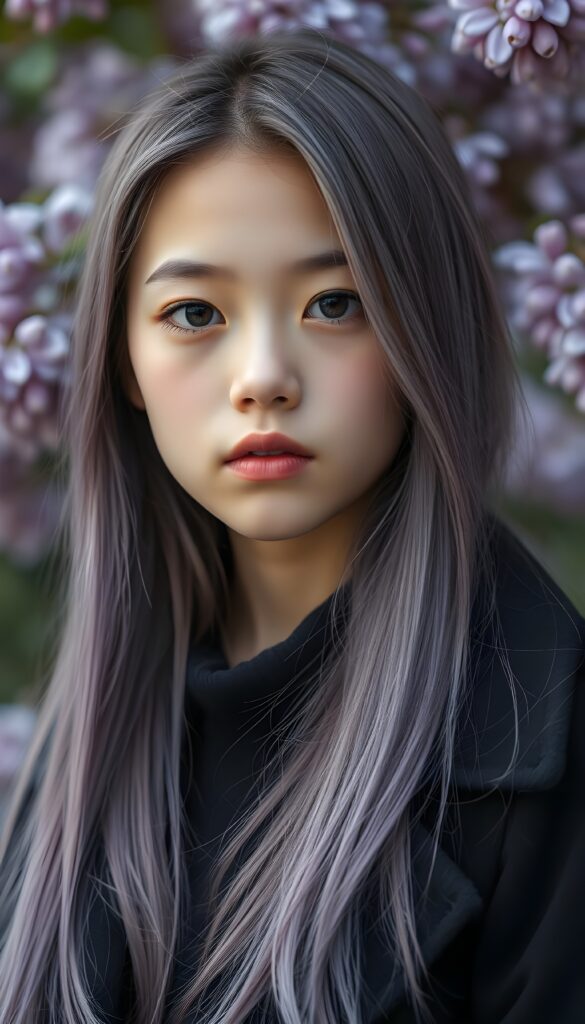 a young detailed and realistic adult tomboy girl with long straight soft lilac colored hair, sweet face, she smells of lilac, lilac flowers in backdrop. Black coat.