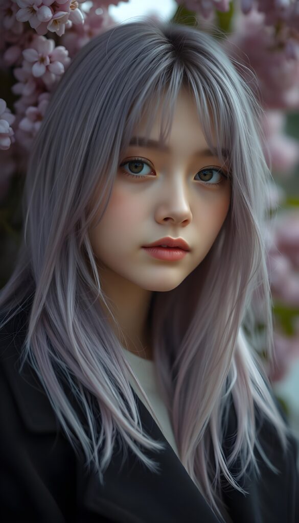 a young detailed and realistic adult tomboy girl with long straight soft lilac colored hair, sweet face, she smells of lilac, lilac flowers in backdrop. Black coat.