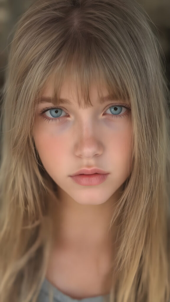 a young detailed and realistic adult tomboy girl with super long and straight soft amber hair, sweet round face and deep blue realistic eyes